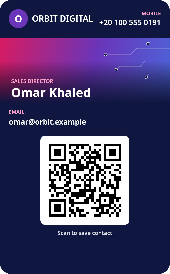 Sample Apple Wallet business card: Omar Khaled, Sales Director at Orbit Digital