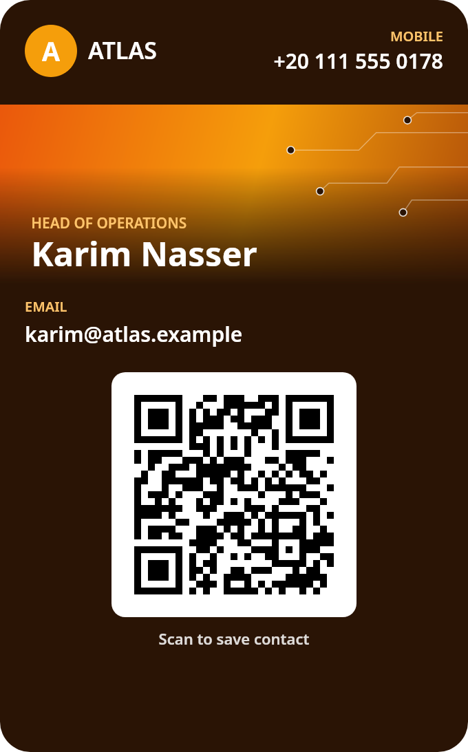 Sample Apple Wallet business card: Karim Nasser, Head of Operations at Atlas Logistics