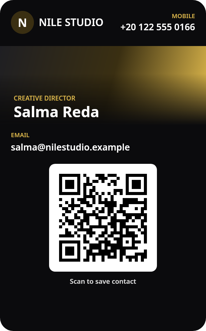 Sample Apple Wallet business card: Salma Reda, Creative Director at Nile Studio