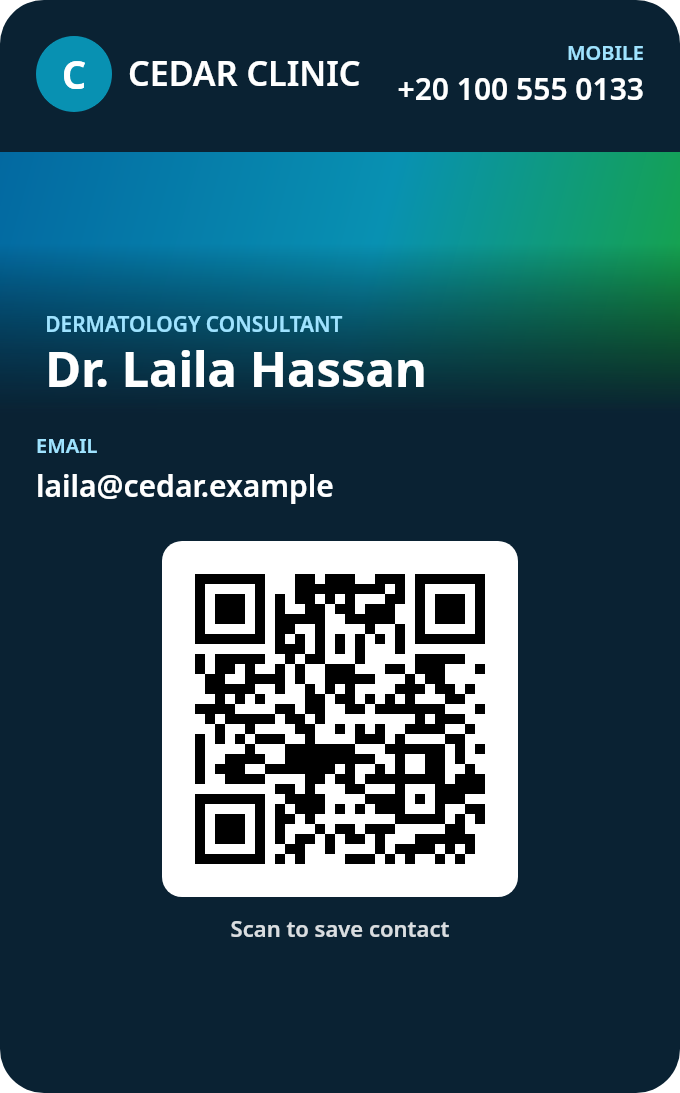 Sample Apple Wallet business card: Dr. Laila Hassan, Dermatology Consultant at Cedar Clinic