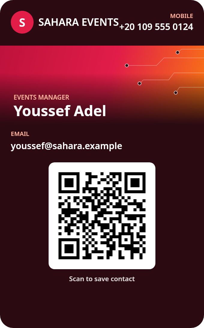Sample Apple Wallet business card: Youssef Adel, Events Manager at Sahara Events